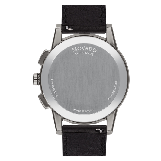 black Museum perforated Movado leather with chronograph Sport strap watch | dial Movado black