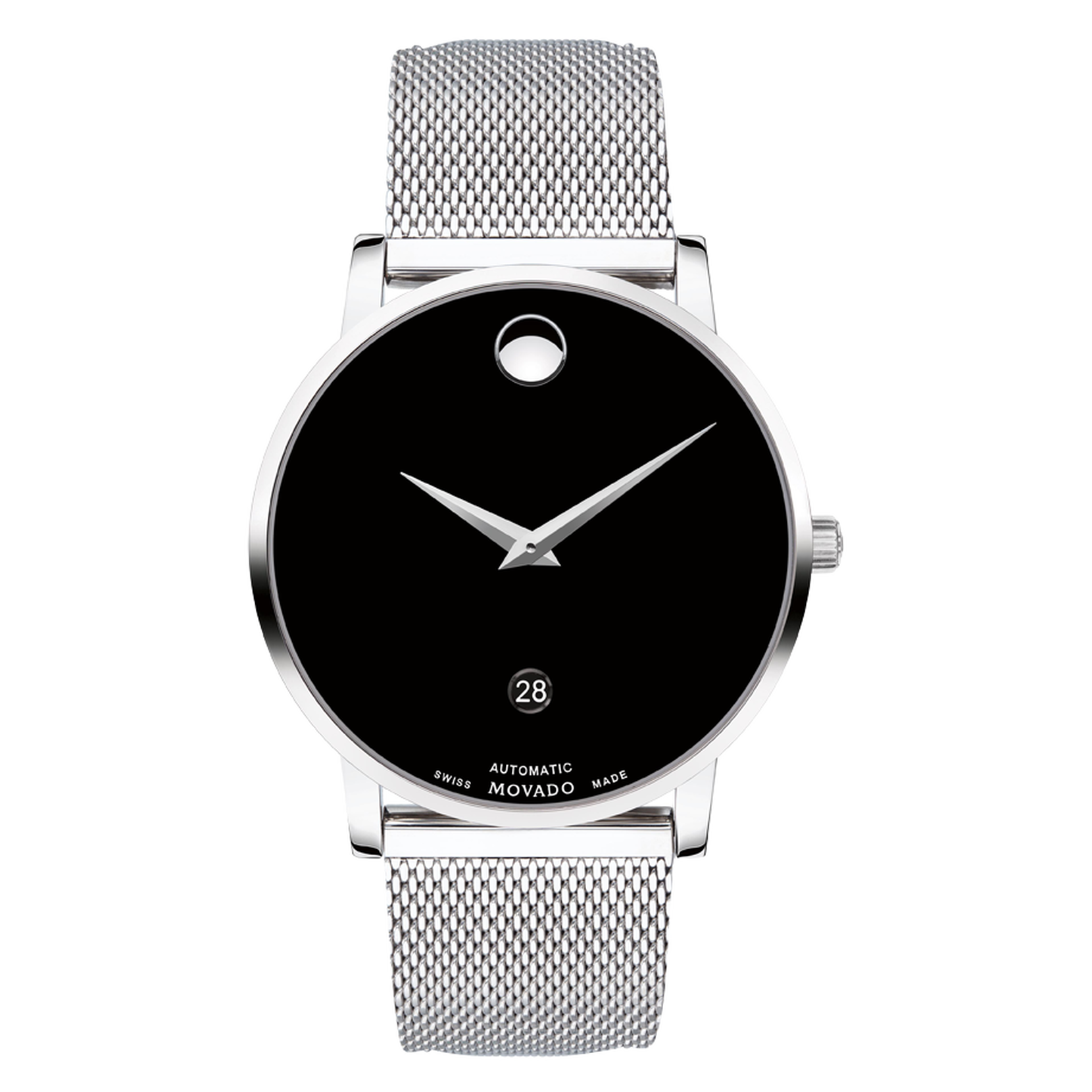 Movado| Museum Classic Automatic display movement caseback exposed black and dial mesh and with to stainless bracelet steel watch structure