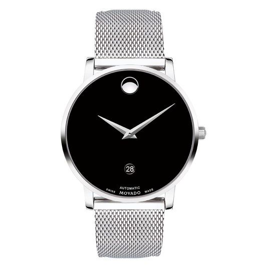 bracelet dial structure watch mesh with caseback Automatic and Classic stainless black Museum exposed movement steel to display Movado| and