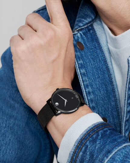 Movado| Museum Classic Automatic display stainless caseback dial watch steel black and bracelet structure and mesh to exposed with movement