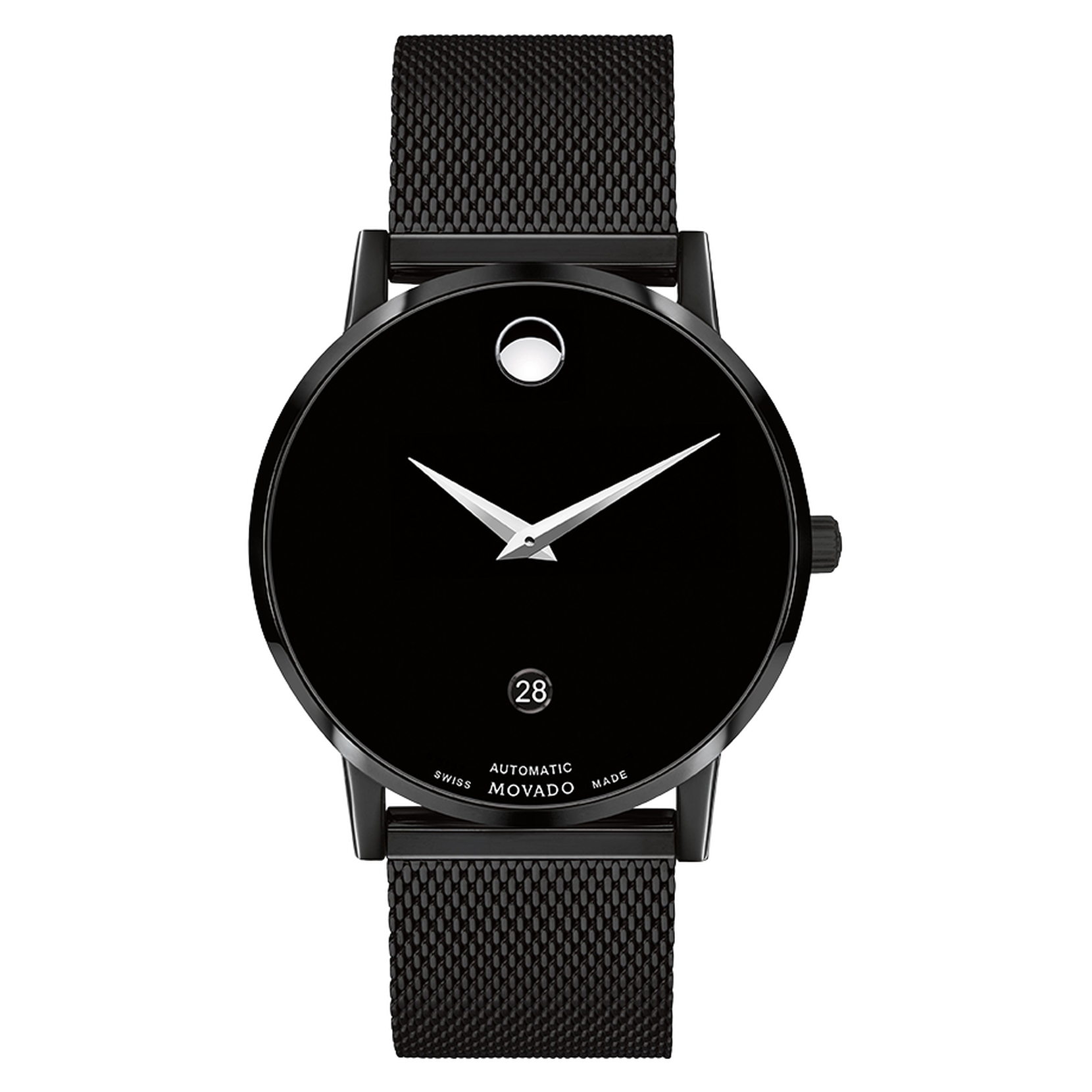 movement mesh and Automatic watch to display stainless bracelet black Movado| Museum dial structure Classic exposed and steel caseback with