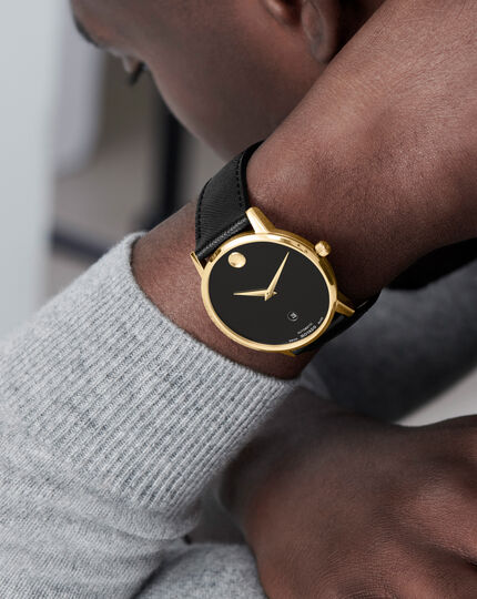 Movado| Museum Classic Automatic black movement black exposed leather matching watch dial display and to with caseback construction