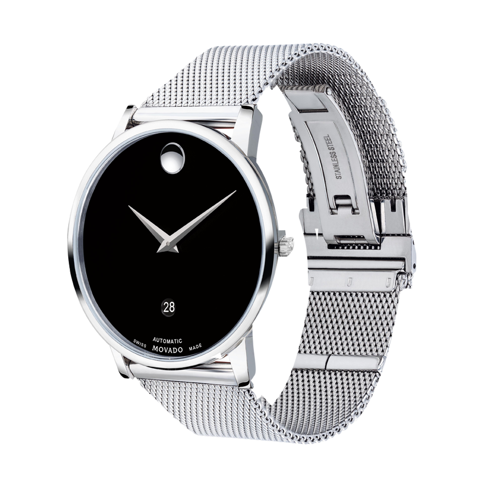 Movado| Museum Classic movement to structure watch dial display Automatic black caseback and stainless and exposed mesh steel with bracelet