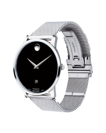 Automatic watch with bracelet mesh display movement exposed Classic structure Movado| caseback dial to and Museum steel stainless black and