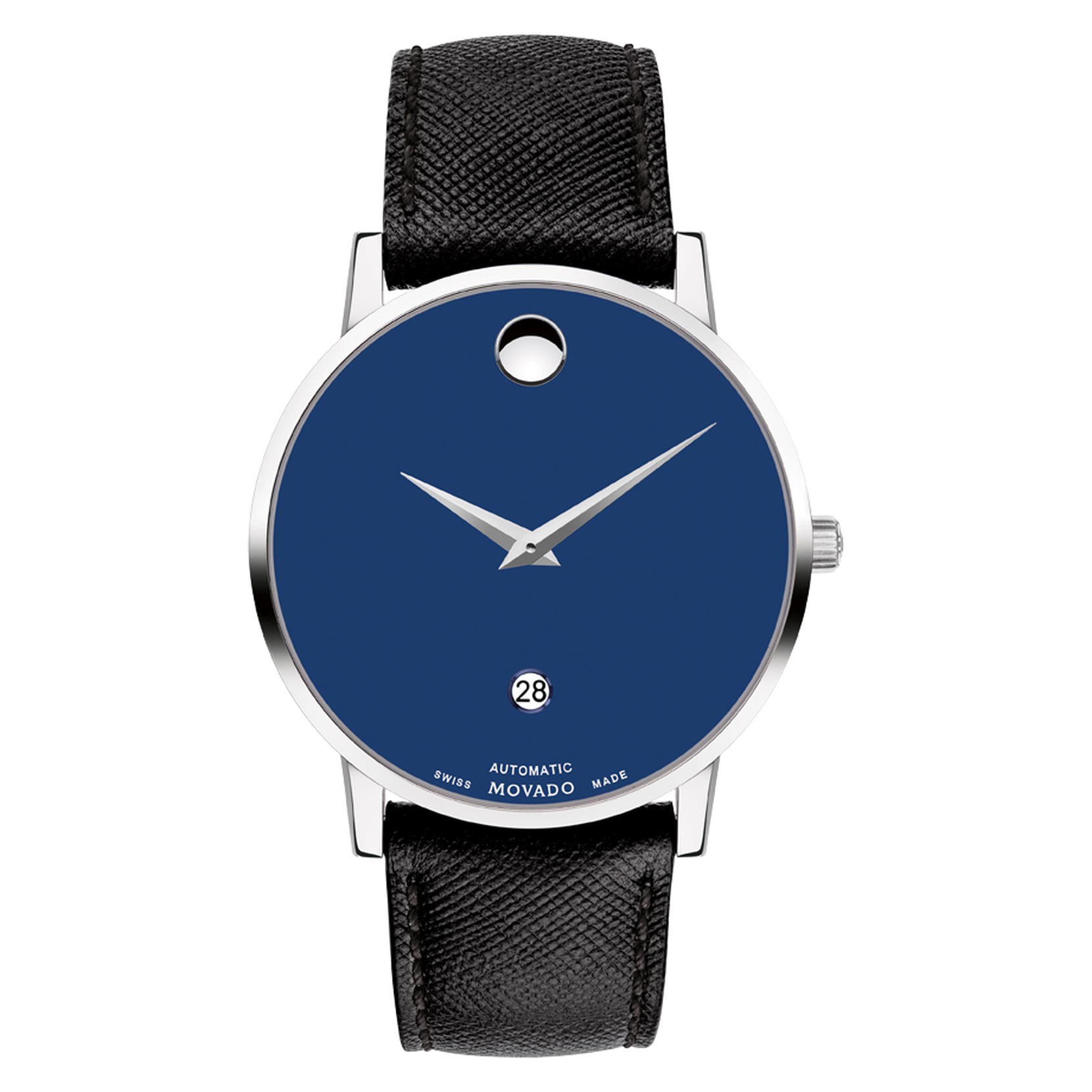 Movado| Museum Classic Automatic watch movement caseback dial display and with leather black to construction blue exposed