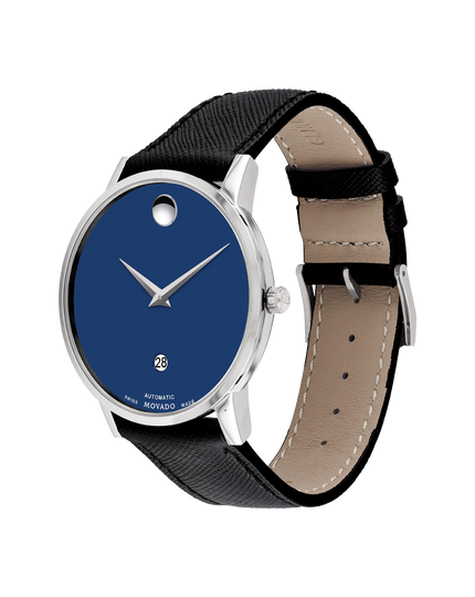 Classic black Museum Movado| exposed Automatic dial display and movement watch caseback leather to blue with construction