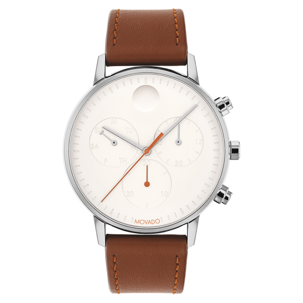 Movado | Face stainless watch with white dial, dark orange accents and brown strap
