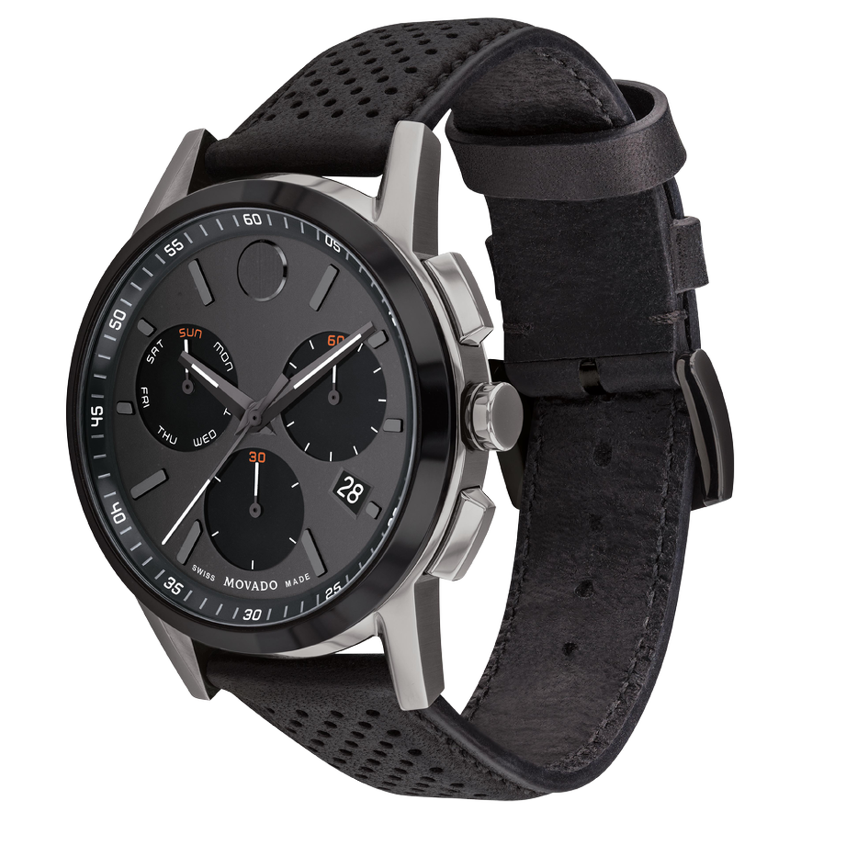 Movado | Movado dial leather Sport perforated black with black chronograph watch strap Museum