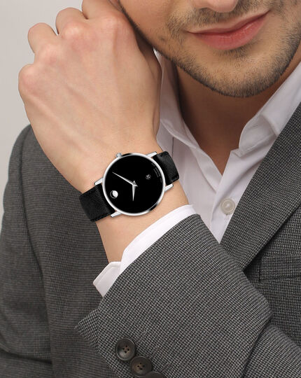 Case | Leather Black Classic Movado Automatic With Strap Watch Steel Museum Stainless Movado