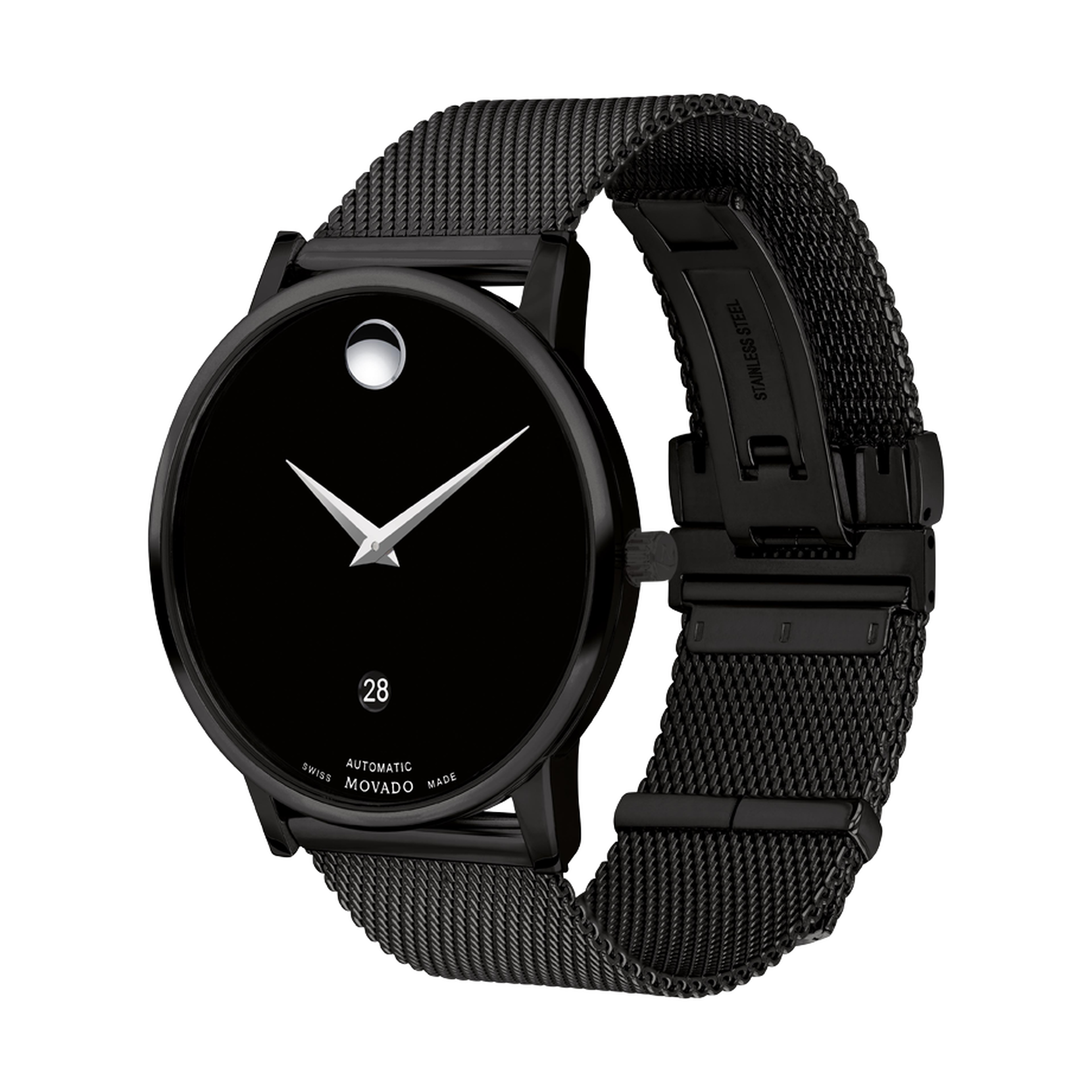 Movado| Museum Classic Automatic stainless to dial black display caseback steel movement mesh exposed watch with and bracelet and structure