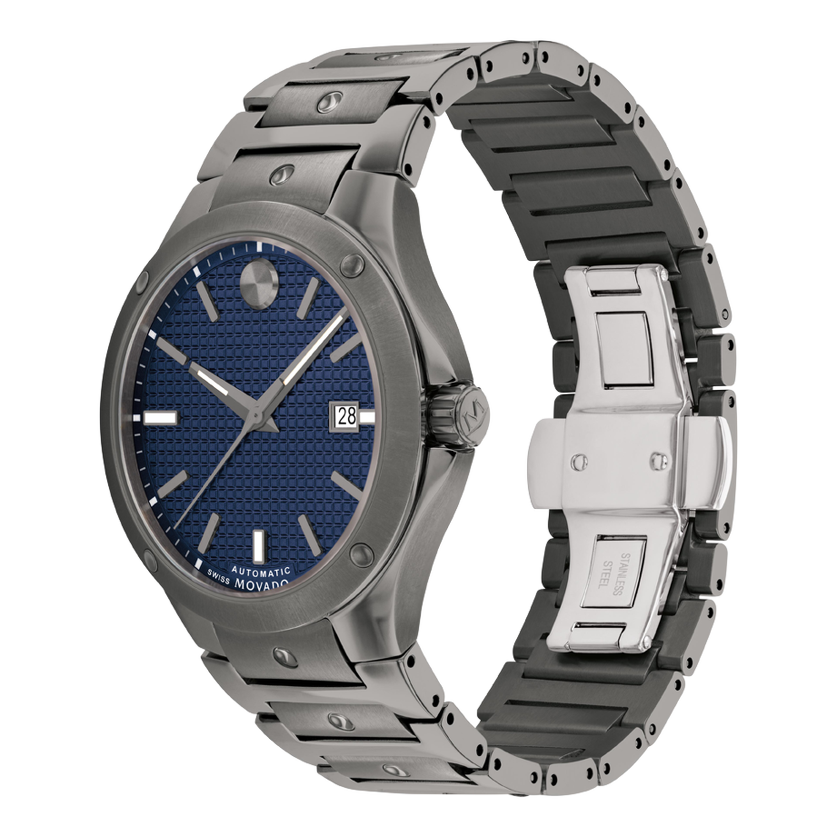 Movado | watch and Movado grey with stainless crystal Swiss blue SE Super-LumiNova hands/hour steel dial, Automatic Sapphire