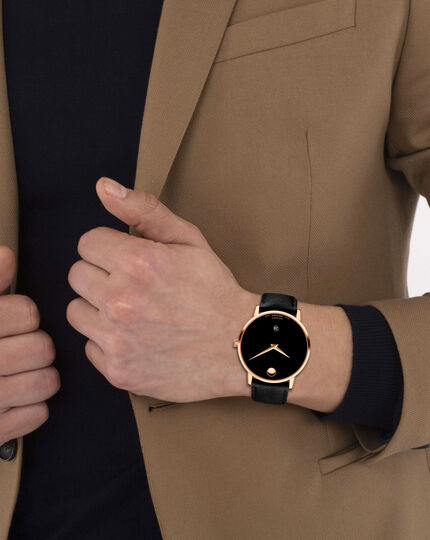 Museum Automatic With Black | Rose Gold Leather Movado Strap Classic Movado Watch Case