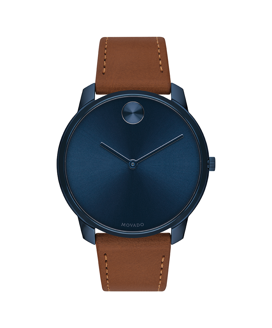 brown leather strap blue face watch