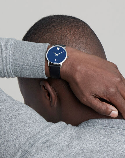 Movado| Museum Classic Automatic with movement dial display leather to watch caseback blue black exposed construction and