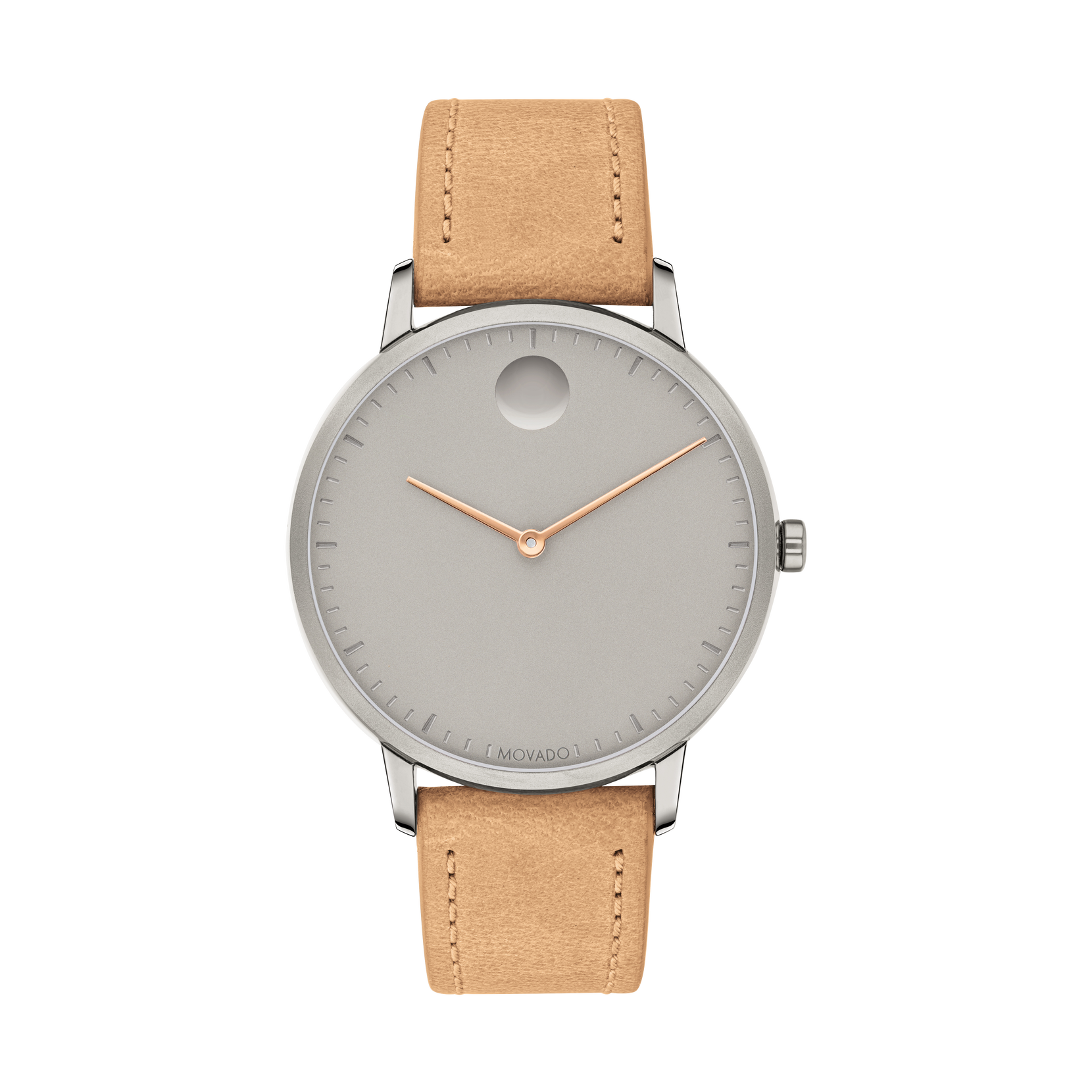 Movado Face | Grey Stainless Steel Watch With Tan Leather Strap