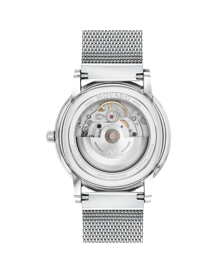 Movado| Museum Classic Automatic stainless black mesh dial steel caseback structure and display with bracelet and watch movement exposed to