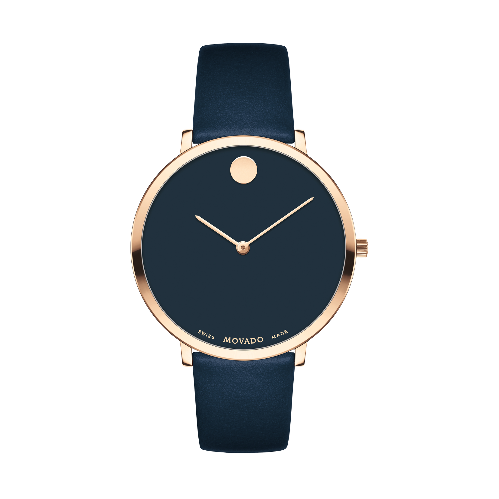 Movado Modern 47 Pale Rose Gold Watch With Blue Dial Pale Rose Gold Accents And Dark Blue Strap