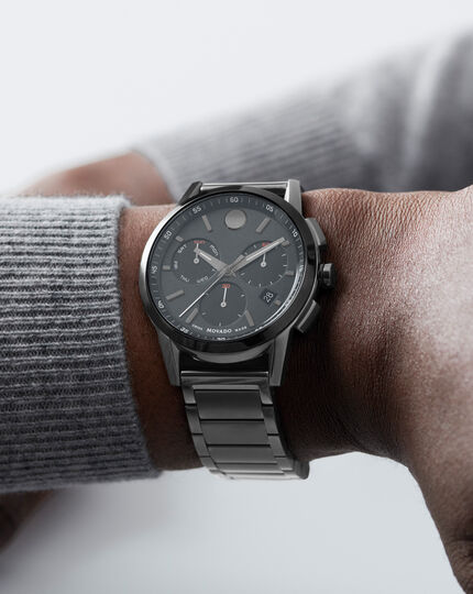 Movado | Movado Museum Sport chronograph stainless black watch with steel bracelet dial
