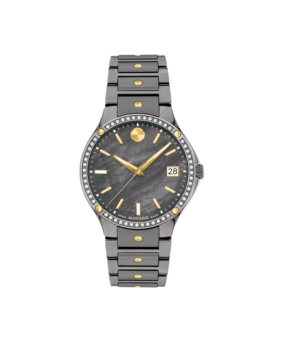 Movado SE grey stainless steel gold mother hands - window, and and watch. bezel, Movado markers accents of date Swiss dial pearl hour Features anti-corrosive Super-LumiNova