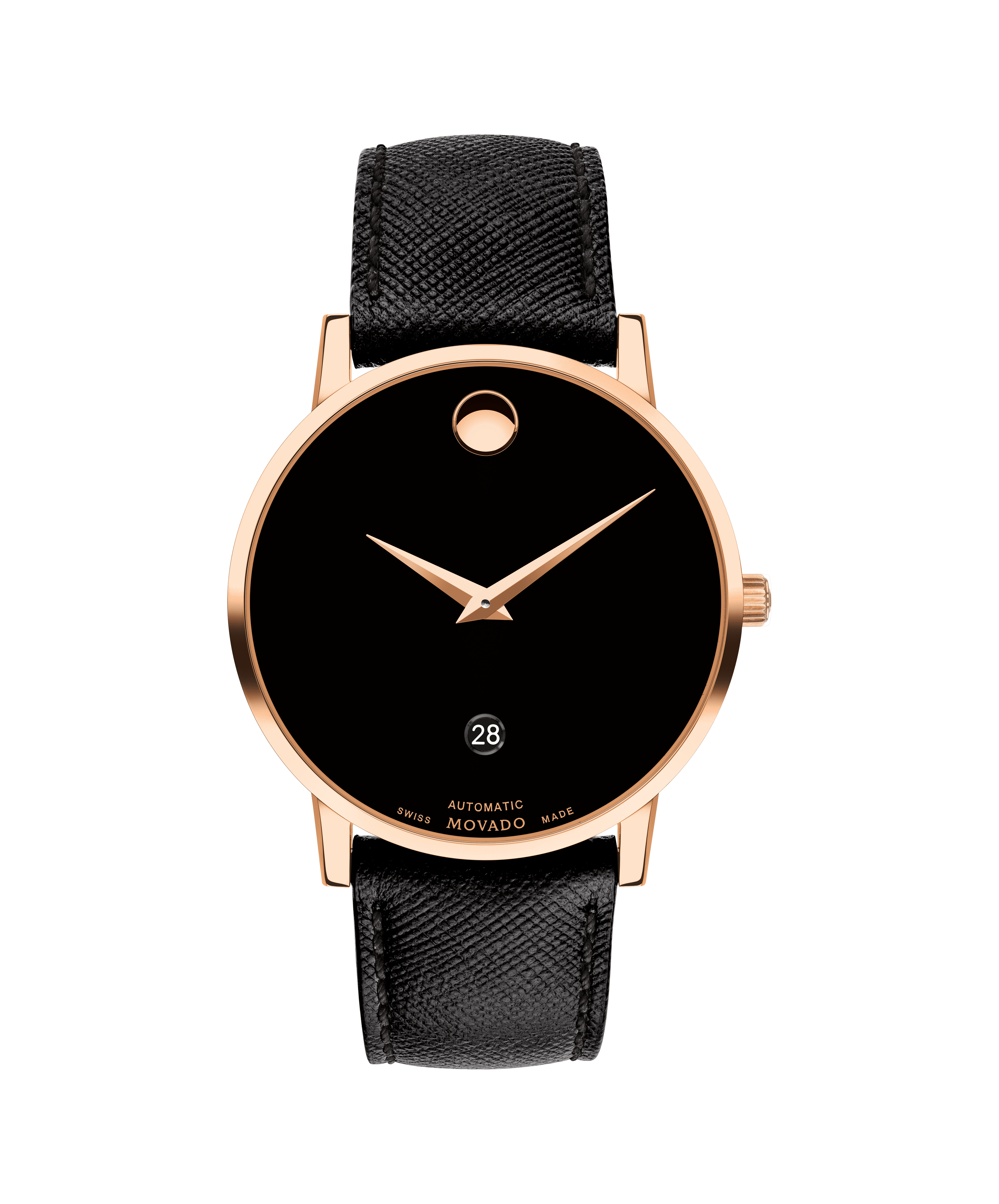 Rose Leather Gold Case Classic Watch Automatic Strap Black Movado - With Museum Movado